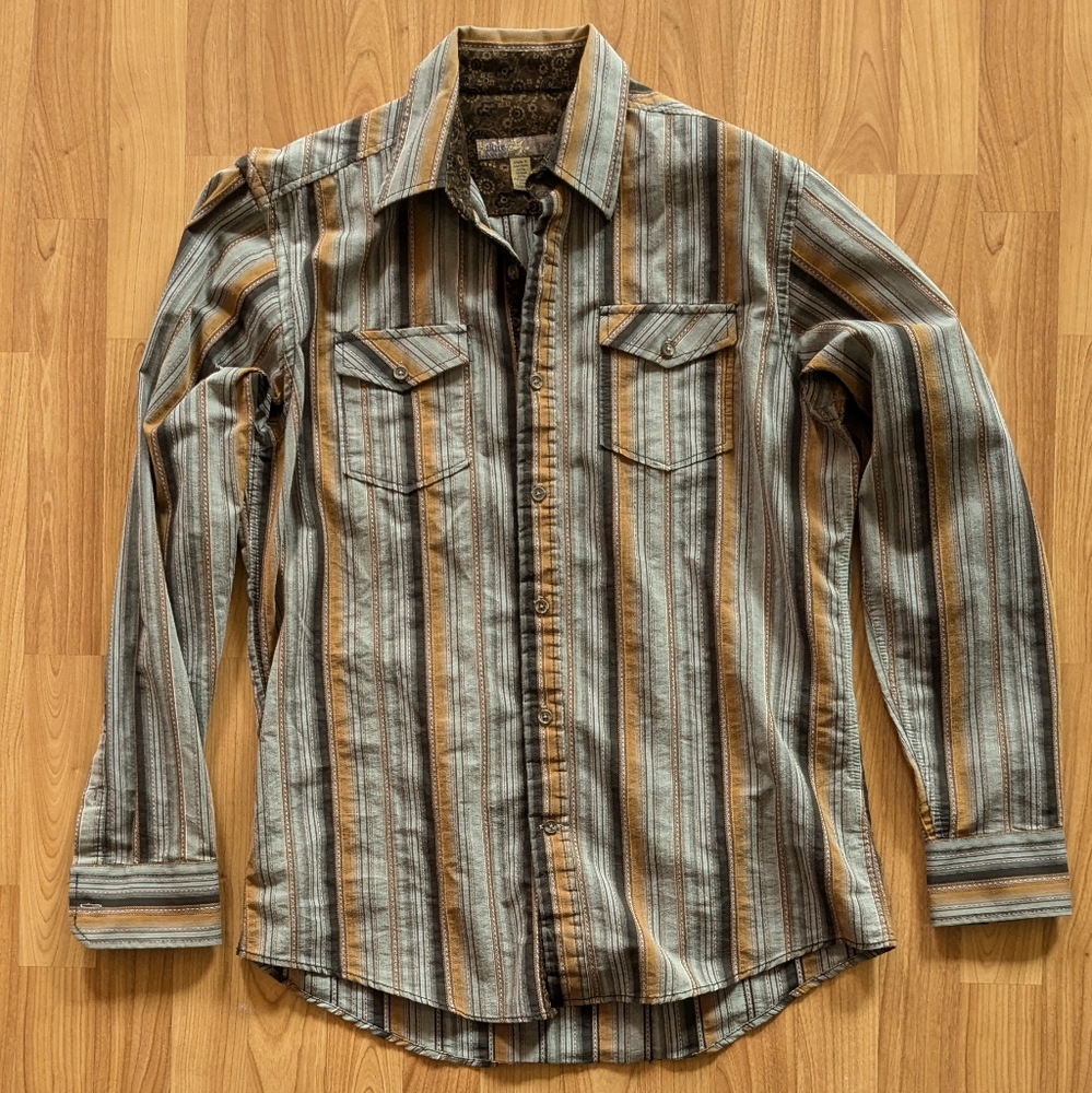 Blue Pronto Uomo Men's Brown/Yellow striped Long Sleeve Button Up Size M